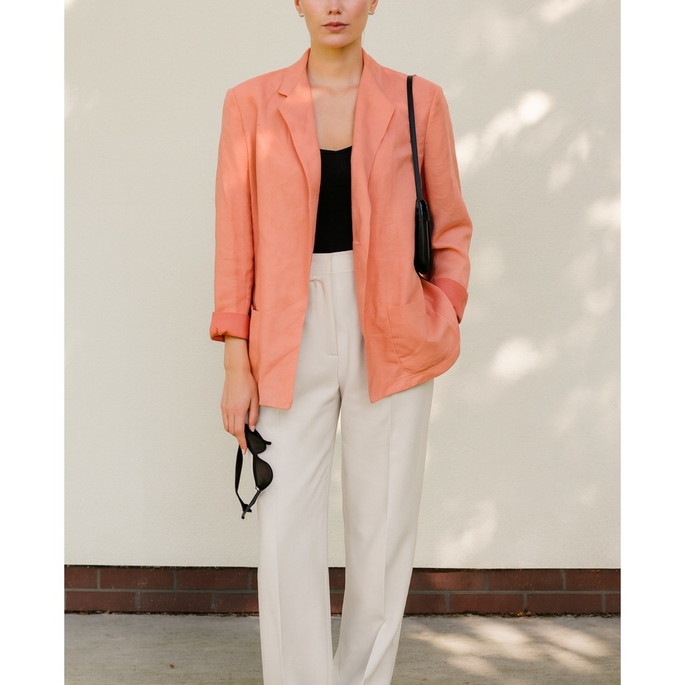 Kasper Womens Linen Peach Pink Satin Lined Open Front Lapel Blazer sz 16P Career